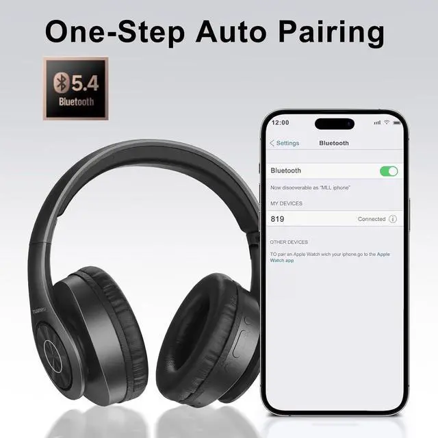 Alt view image 3 of 5 - TUINYO Wireless Headphones Over Ear, Bluetooth Headphones with Microphone, Foldable Stereo Wireless Headsetfor Travel Work TV PC Cellphone-Black