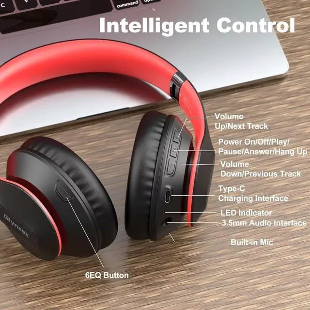 Alt view image 6 of 7 - Wireless Bluetooth Headphones Over Ear 65H Playtime HiFi Stereo Headset with Microphone and 6EQ Modes Foldable Bluetooth V5.3 Headphones for Travel Smartphone Computer Laptop