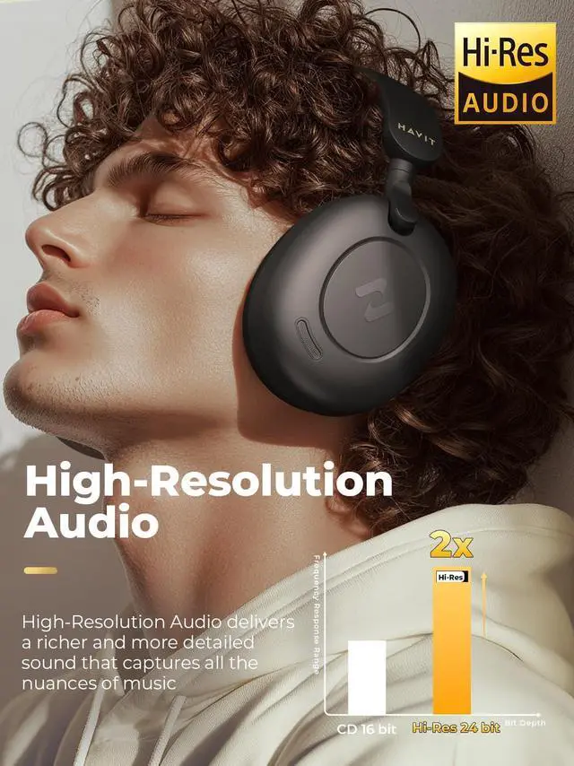 Alt view image 2 of 7 - havit H655BT Hybrid Active Noise Cancelling Headphones for Airplane Travel, Wireless Over Ear Bluetooth Headphones, 76H Playtime, Hi-Res Audio, Super Bass via App, 5 Mic for Noise Cancelling