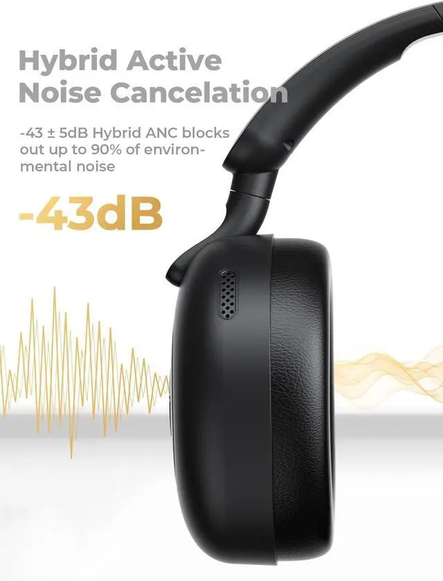 Alt view image 3 of 7 - havit H655BT Hybrid Active Noise Cancelling Headphones for Airplane Travel, Wireless Over Ear Bluetooth Headphones, 76H Playtime, Hi-Res Audio, Super Bass via App, 5 Mic for Noise Cancelling