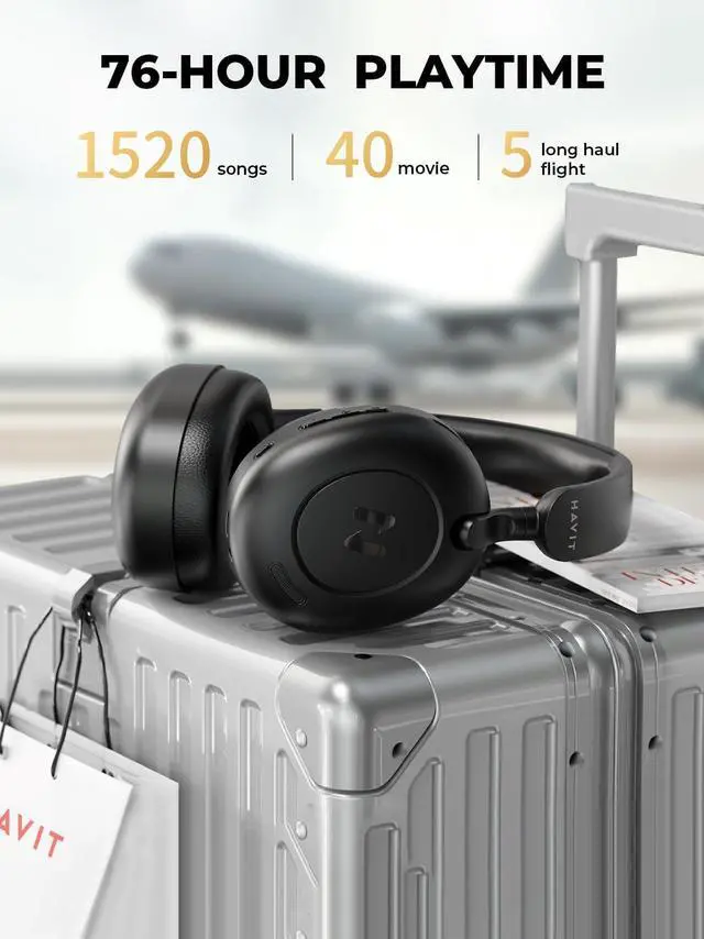 Alt view image 5 of 7 - havit H655BT Hybrid Active Noise Cancelling Headphones for Airplane Travel, Wireless Over Ear Bluetooth Headphones, 76H Playtime, Hi-Res Audio, Super Bass via App, 5 Mic for Noise Cancelling