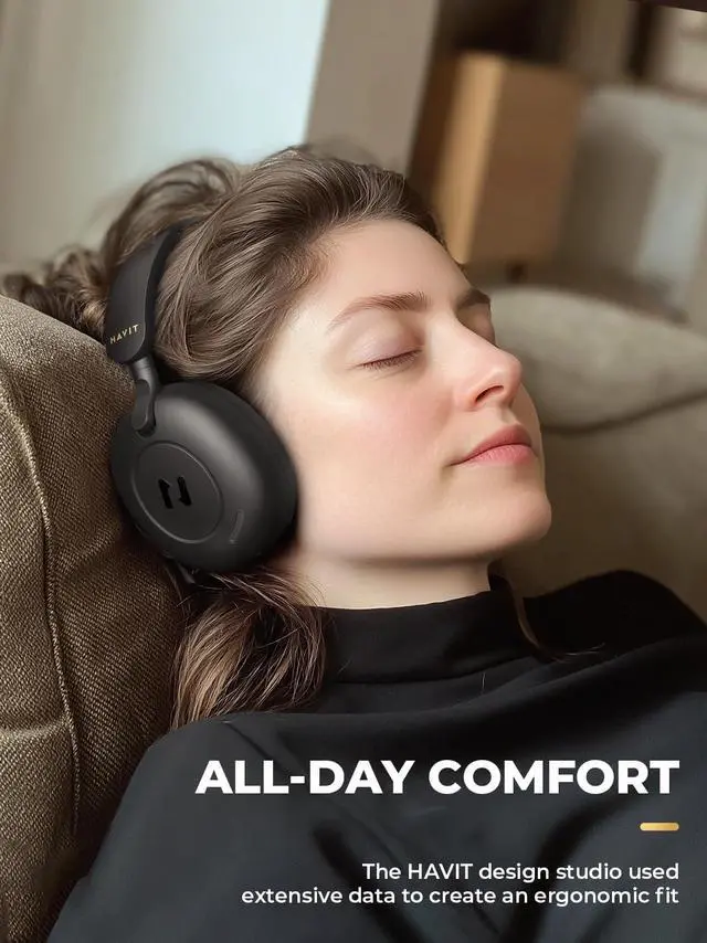 Alt view image 6 of 7 - havit H655BT Hybrid Active Noise Cancelling Headphones for Airplane Travel, Wireless Over Ear Bluetooth Headphones, 76H Playtime, Hi-Res Audio, Super Bass via App, 5 Mic for Noise Cancelling
