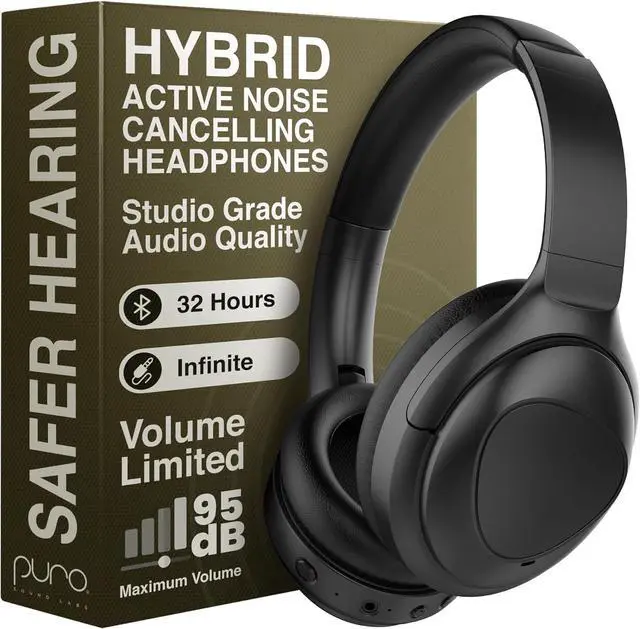 Main image of Puro Sound Labs PuroPro Hybrid Active Noise Cancelling Headphones, Volume Limiting, Hi-Res Audio, 32h Playtime, Wireless Over Ear Headphones with Mic, Comfortable Fit, Ideal for Travel & Work Black