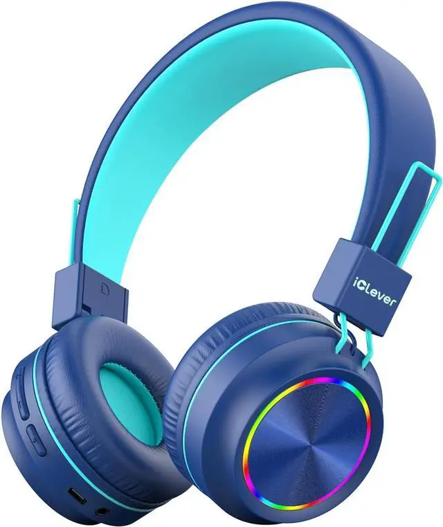 Main image of iClever BTH03 Kids Bluetooth Headphones, Colorful LED Lights, 35H Playtime, Bluetooth 5.4, Type C Fast Charging, Safe Volume, Stereo Sound Mic, On Ear Kids Wireless Headphones for iPad Airplane, Blue