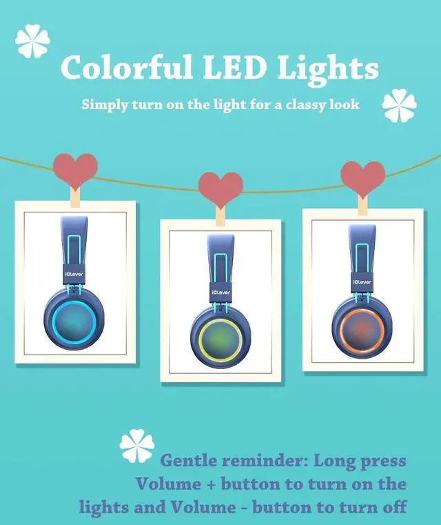 Alt view image 2 of 7 - iClever BTH03 Kids Bluetooth Headphones, Colorful LED Lights, 35H Playtime, Bluetooth 5.4, Type C Fast Charging, Safe Volume, Stereo Sound Mic, On Ear Kids Wireless Headphones for iPad Airplane, Blue