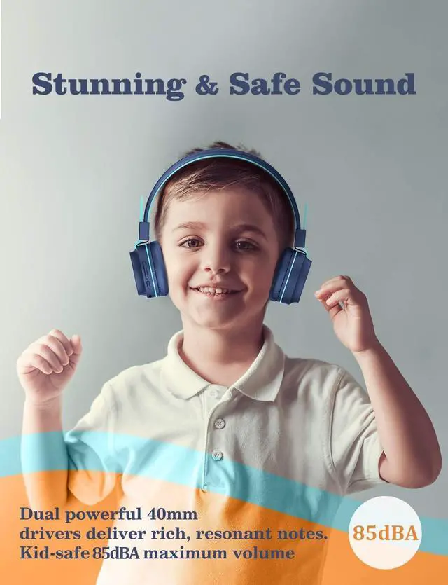 Alt view image 3 of 7 - iClever BTH03 Kids Bluetooth Headphones, Colorful LED Lights, 35H Playtime, Bluetooth 5.4, Type C Fast Charging, Safe Volume, Stereo Sound Mic, On Ear Kids Wireless Headphones for iPad Airplane, Blue