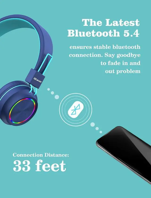Alt view image 4 of 7 - iClever BTH03 Kids Bluetooth Headphones, Colorful LED Lights, 35H Playtime, Bluetooth 5.4, Type C Fast Charging, Safe Volume, Stereo Sound Mic, On Ear Kids Wireless Headphones for iPad Airplane, Blue