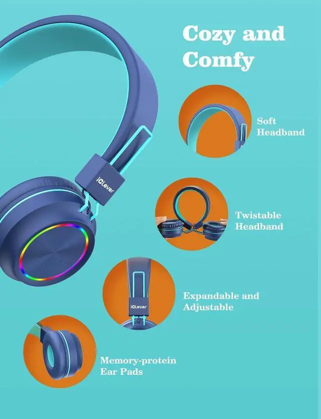 Alt view image 6 of 7 - iClever BTH03 Kids Bluetooth Headphones, Colorful LED Lights, 35H Playtime, Bluetooth 5.4, Type C Fast Charging, Safe Volume, Stereo Sound Mic, On Ear Kids Wireless Headphones for iPad Airplane, Blue