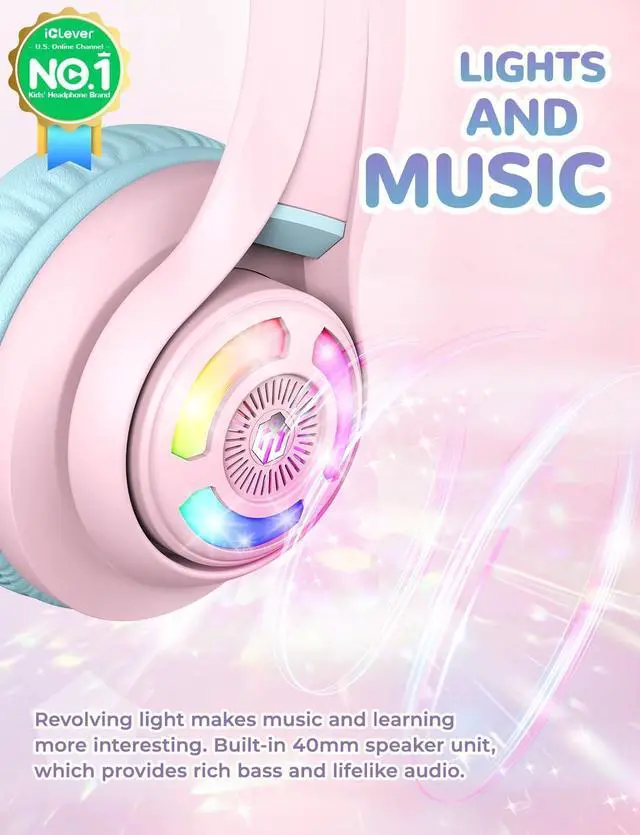 Alt view image 2 of 7 - iClever Cat Ear Kids Bluetooth Headphones, LED Lights Up, 74/85dBA Safe Volume Limited, 50H Playtime,Bluetooth 5.2, USB C, Kids Headphones Wireless for Travel iPad Tablet, Meow Macaron Pink