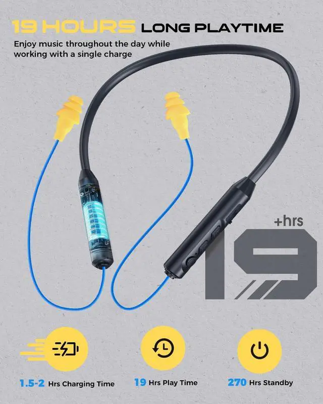 Alt view image 3 of 7 - MIPEACE Bluetooth Earplug Headphones, Neckband Wireless Earbuds earplugs-29db Noise Reduction isolating in-Ear earplug Earphones and Controls,IPX5 sweatproof,19+Hour Battery(Blue)