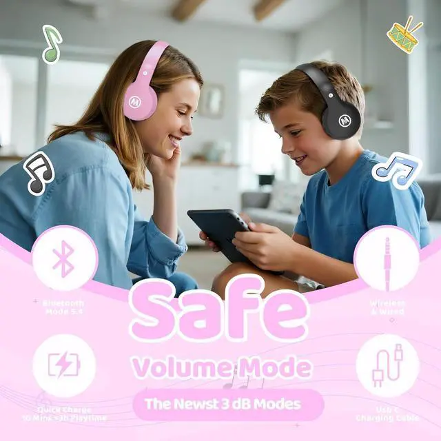 Alt view image 2 of 7 - Headphones Kids Bluetooth 5.4 Wireless Play Time 68H Safe Volume Limit 85/94dB Over-Ear Foldable Headset,Fast Charging,with Aux Cord Built-in Mic for Toddler Child Pad Study Tablet Pink