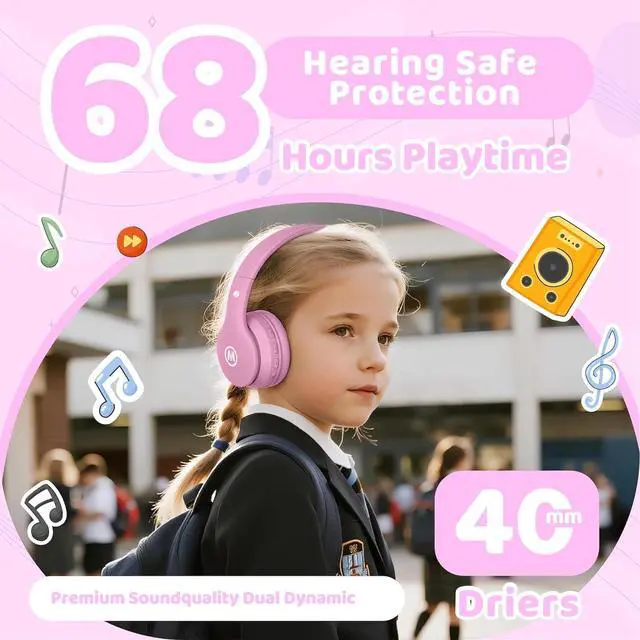 Alt view image 3 of 7 - Headphones Kids Bluetooth 5.4 Wireless Play Time 68H Safe Volume Limit 85/94dB Over-Ear Foldable Headset,Fast Charging,with Aux Cord Built-in Mic for Toddler Child Pad Study Tablet Pink