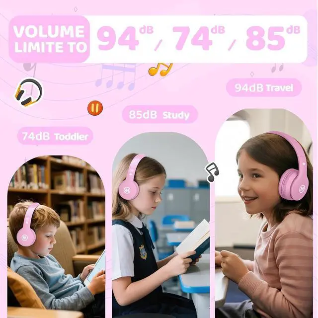 Alt view image 5 of 7 - Headphones Kids Bluetooth 5.4 Wireless Play Time 68H Safe Volume Limit 85/94dB Over-Ear Foldable Headset,Fast Charging,with Aux Cord Built-in Mic for Toddler Child Pad Study Tablet Pink