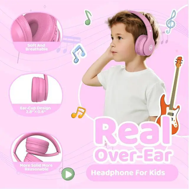 Alt view image 4 of 7 - Headphones Kids Bluetooth 5.4 Wireless Play Time 68H Safe Volume Limit 85/94dB Over-Ear Foldable Headset,Fast Charging,with Aux Cord Built-in Mic for Toddler Child Pad Study Tablet Pink