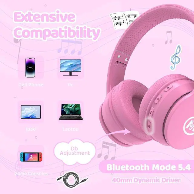 Alt view image 6 of 7 - Headphones Kids Bluetooth 5.4 Wireless Play Time 68H Safe Volume Limit 85/94dB Over-Ear Foldable Headset,Fast Charging,with Aux Cord Built-in Mic for Toddler Child Pad Study Tablet Pink