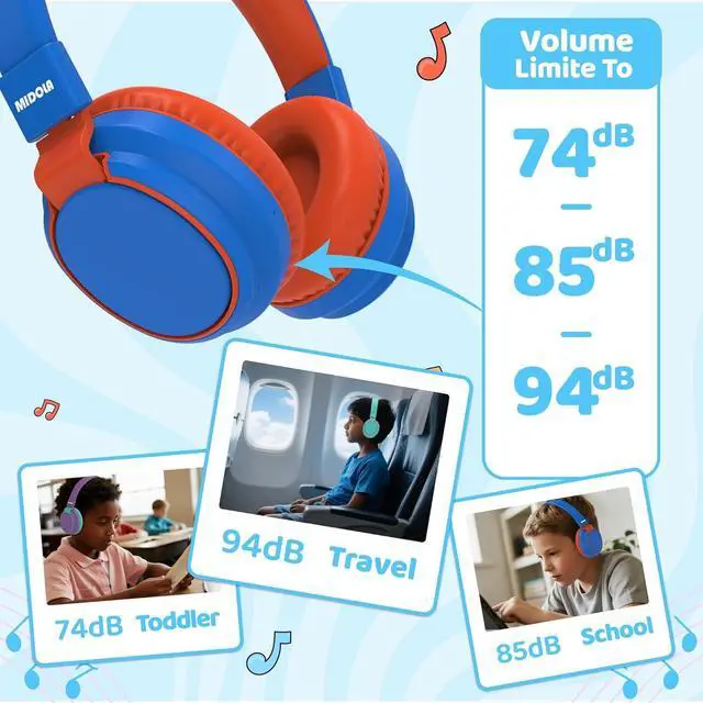 Alt view image 4 of 7 - MIDOLA Kids Headphones Wireless Bluetooth 5.4 68H Play Time Volume Limit 85/94dB Over-Ear Foldable Headset,Type-C Fast Charging,with Wired Aux Mic for Toddler Boy Girl Pad Tablet Blue