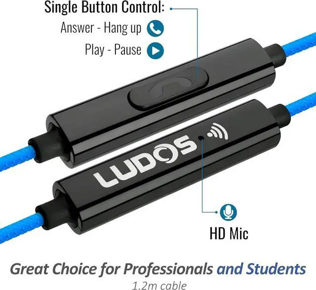 Alt view image 2 of 7 - LUDOS Clamor Wired Earbuds in-Ear Headphones, 5 Years Warranty, Earphones with Microphone, Noise Isolating Ear Buds, Memory Foam for iPhone, Samsung, School Students, Kids, Women, Small Ears - Blue