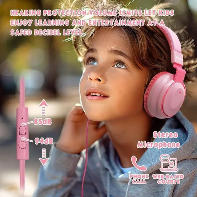Alt view image 3 of 7 - Headphone Kids Volume Limited 85/94dB Wired Over-Ear/On-Earr Foldable Headset with Inline Cable Aux 3.5mm Cord Mic for Toddler Boy Girl Child Back to School Study Pad Tablet Pink