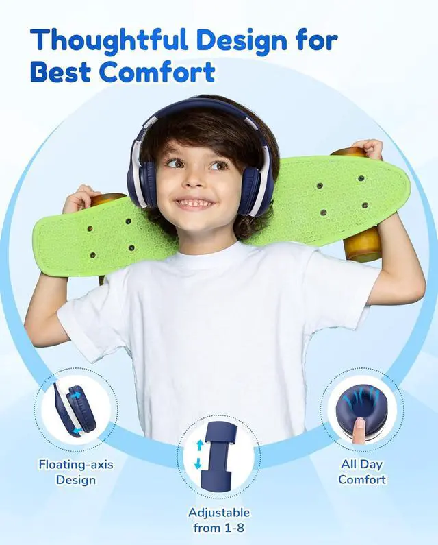 Alt view image 2 of 7 - EarFun K2 Kids Bluetooth Headphones, Kids Headphones with Volume Limited, 40H Playtime, Built-in Mic, Stereo Sound, Foldable Over-Ear Headphone for School/Travel/iPad/Tablet, Blue