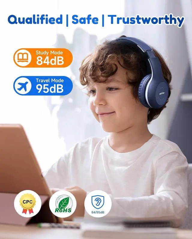 Alt view image 3 of 7 - EarFun K2 Kids Bluetooth Headphones, Kids Headphones with Volume Limited, 40H Playtime, Built-in Mic, Stereo Sound, Foldable Over-Ear Headphone for School/Travel/iPad/Tablet, Blue