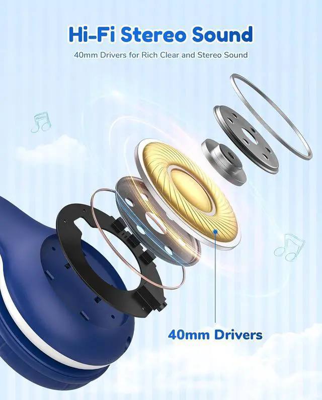 Alt view image 4 of 7 - EarFun K2 Kids Bluetooth Headphones, Kids Headphones with Volume Limited, 40H Playtime, Built-in Mic, Stereo Sound, Foldable Over-Ear Headphone for School/Travel/iPad/Tablet, Blue