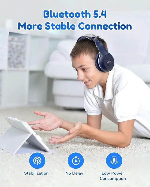 Alt view image 5 of 7 - EarFun K2 Kids Bluetooth Headphones, Kids Headphones with Volume Limited, 40H Playtime, Built-in Mic, Stereo Sound, Foldable Over-Ear Headphone for School/Travel/iPad/Tablet, Blue