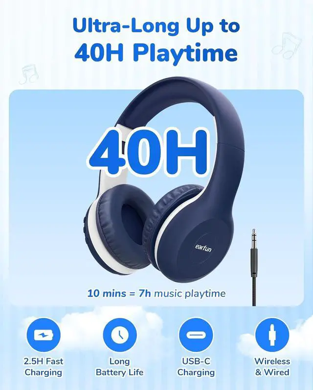 Alt view image 6 of 7 - EarFun K2 Kids Bluetooth Headphones, Kids Headphones with Volume Limited, 40H Playtime, Built-in Mic, Stereo Sound, Foldable Over-Ear Headphone for School/Travel/iPad/Tablet, Blue