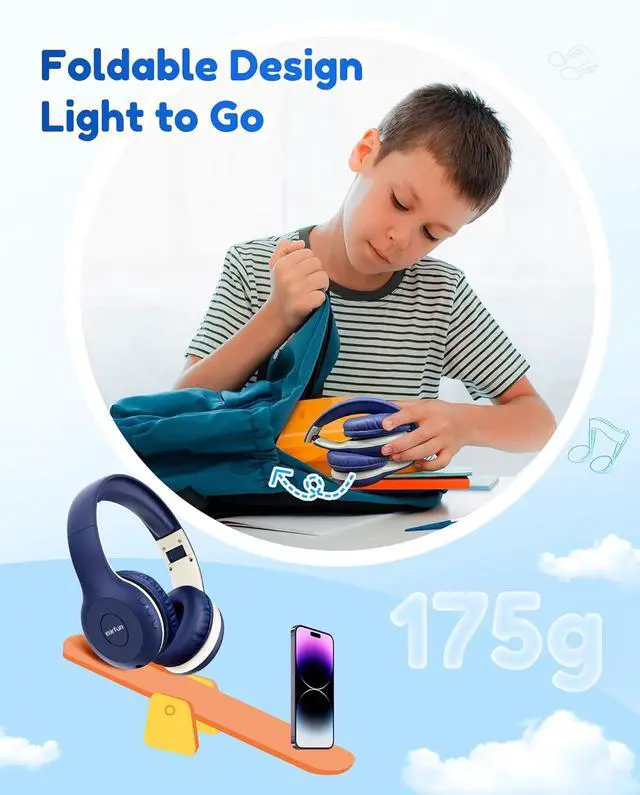 Alt view image 7 of 7 - EarFun K2 Kids Bluetooth Headphones, Kids Headphones with Volume Limited, 40H Playtime, Built-in Mic, Stereo Sound, Foldable Over-Ear Headphone for School/Travel/iPad/Tablet, Blue