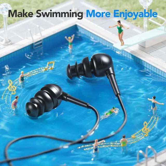 Alt view image 2 of 7 - AGPTEK IPX8 Waterproof in-Ear Earphones, Coiled Cable Swimming Earbuds with Stereo Audio Extension Cable, Wired,Black