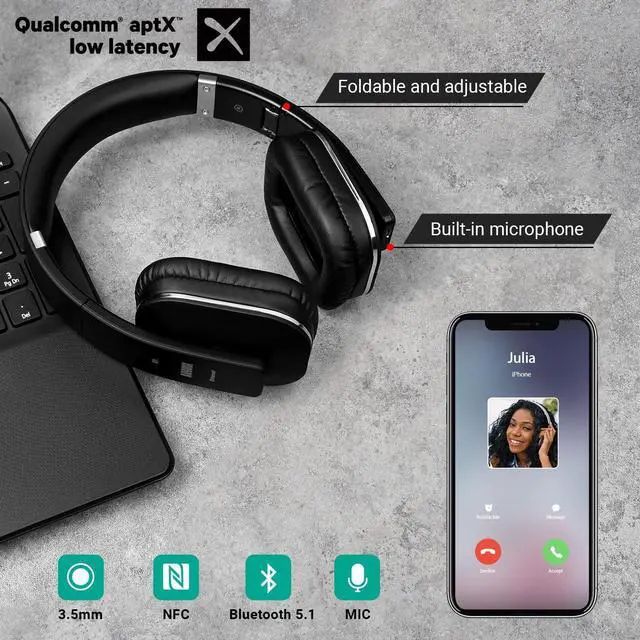 Alt view image 6 of 7 - August EP650 Bluetooth Wireless Over-Ear Headphones with aptX Low Latency, NFC, Multipoint Pairing, Wired Option, Built-in Microphone - Black