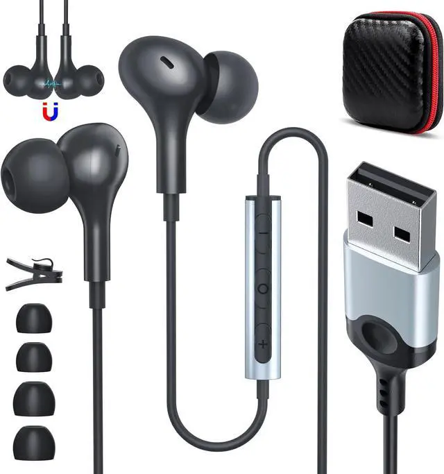 Main image of USB Headset with Microphone for PC 7.5 Ft Cable, USB A Headphones for Computer, Wired USBA Earbuds with Mute in-Line Stereo Noise Canceling Call Cord Laptop Earphones for Dell Surface Switch, Black