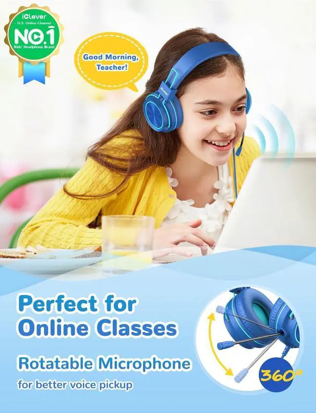 Alt view image 2 of 6 - iClever HS21 Kids Headphones with Microphone for Virtual School- Rotatable Extendable Mic - 94 dB Volume-Safe Headphones for Kids, Wired Foldable Kid Gaming Headset for PS4/Xbox One/Switch/PC/Tablet