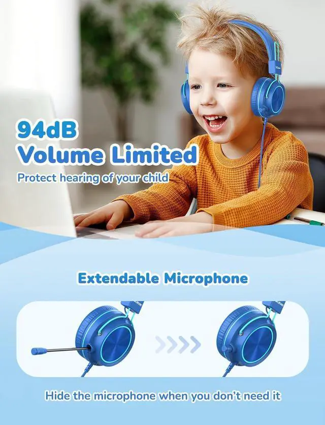 Alt view image 3 of 6 - iClever HS21 Kids Headphones with Microphone for Virtual School- Rotatable Extendable Mic - 94 dB Volume-Safe Headphones for Kids, Wired Foldable Kid Gaming Headset for PS4/Xbox One/Switch/PC/Tablet