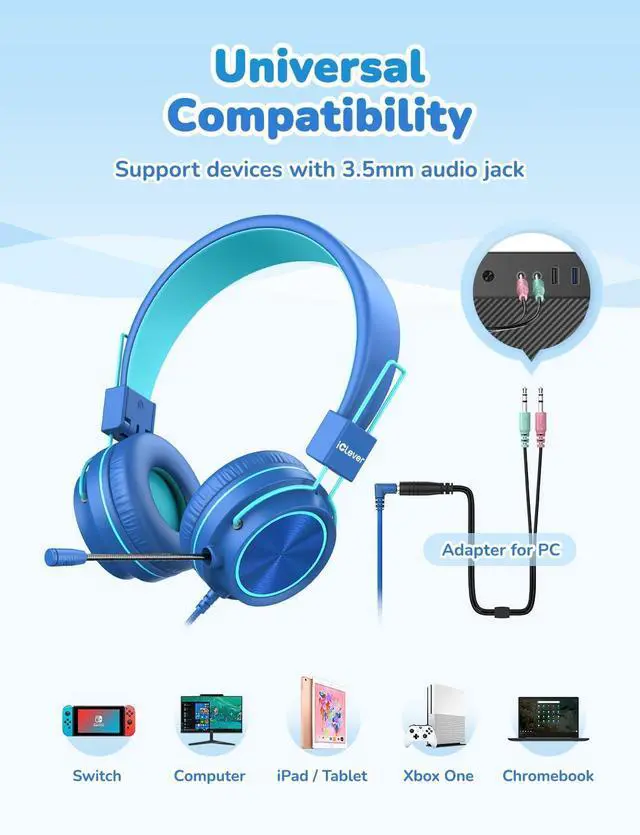 Alt view image 5 of 6 - iClever HS21 Kids Headphones with Microphone for Virtual School- Rotatable Extendable Mic - 94 dB Volume-Safe Headphones for Kids, Wired Foldable Kid Gaming Headset for PS4/Xbox One/Switch/PC/Tablet