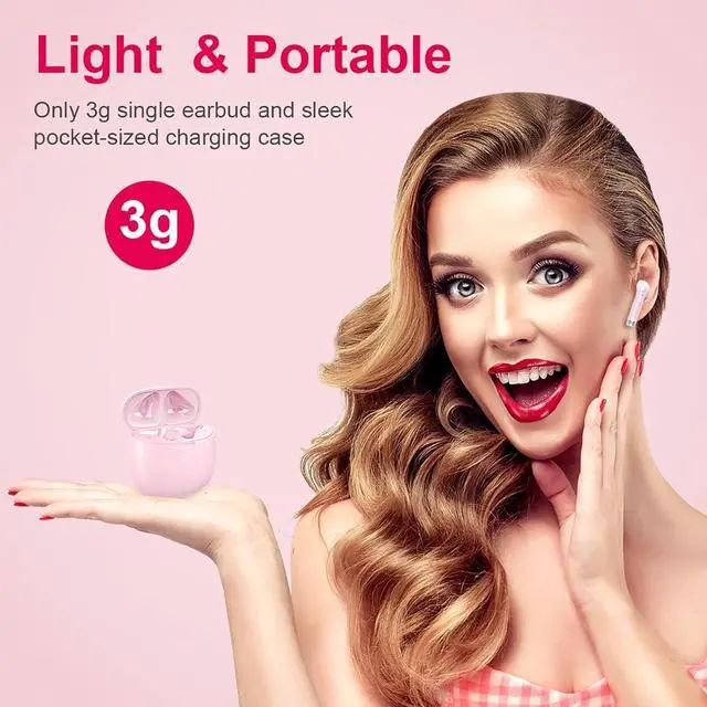 Alt view image 4 of 7 - Wireless Earbuds, Bluetooth 5.4 Earbuds Stereo Bass, Bluetooth Headphones in Ear Noise Cancelling Mic, Wireless Earphones IP7 Waterproof Sports, 32H Playtime Mini USB C Charging Ear Buds Light Pink