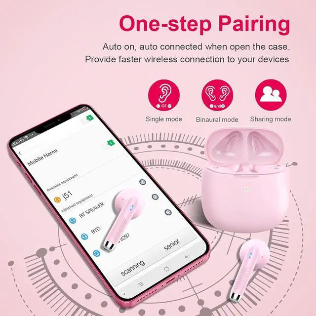 Alt view image 5 of 7 - Wireless Earbuds, Bluetooth 5.4 Earbuds Stereo Bass, Bluetooth Headphones in Ear Noise Cancelling Mic, Wireless Earphones IP7 Waterproof Sports, 32H Playtime Mini USB C Charging Ear Buds Light Pink