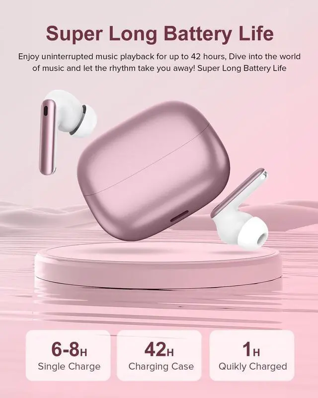 Alt view image 2 of 7 - Wireless Earbuds, 42H Playtime Bluetooth 5.3 Headphones, HiFi Stereo Call Noise Cancelling Earbuds, IPX7 Waterproof Stereo in-Ear Earphones with LED Display for iOS Android (Elegant Rose Gold)
