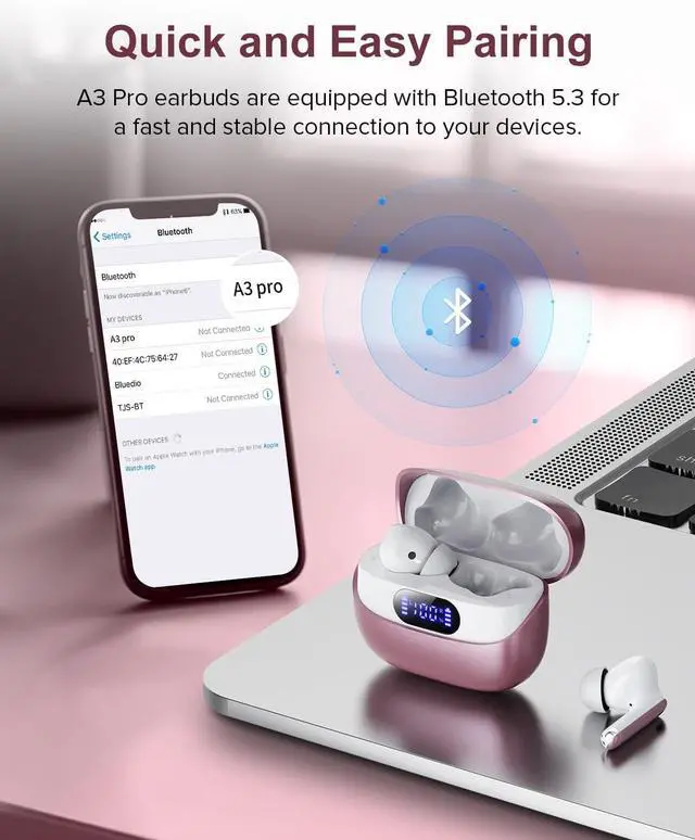 Alt view image 3 of 7 - Wireless Earbuds, 42H Playtime Bluetooth 5.3 Headphones, HiFi Stereo Call Noise Cancelling Earbuds, IPX7 Waterproof Stereo in-Ear Earphones with LED Display for iOS Android (Elegant Rose Gold)