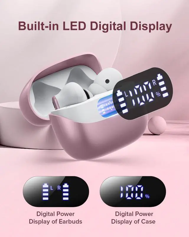 Alt view image 4 of 7 - Wireless Earbuds, 42H Playtime Bluetooth 5.3 Headphones, HiFi Stereo Call Noise Cancelling Earbuds, IPX7 Waterproof Stereo in-Ear Earphones with LED Display for iOS Android (Elegant Rose Gold)