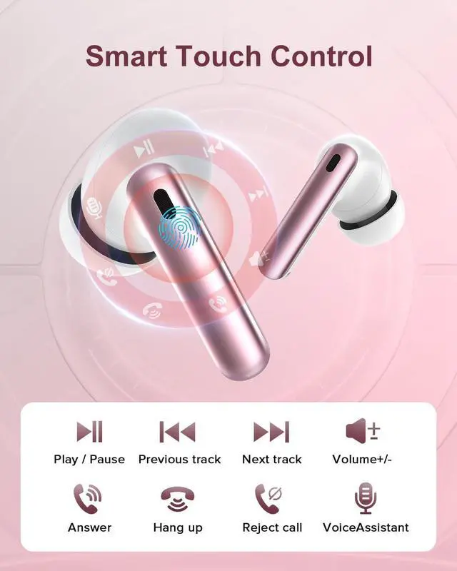Alt view image 7 of 7 - Wireless Earbuds, 42H Playtime Bluetooth 5.3 Headphones, HiFi Stereo Call Noise Cancelling Earbuds, IPX7 Waterproof Stereo in-Ear Earphones with LED Display for iOS Android (Elegant Rose Gold)