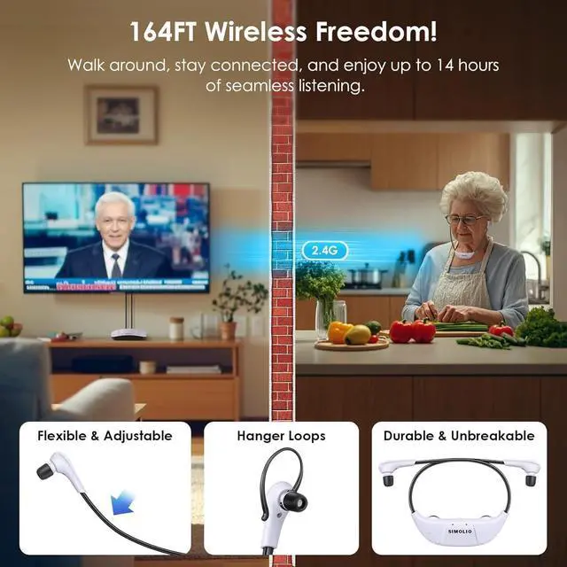 Alt view image 2 of 7 - SIMOLIO Wireless Headphones for TV Watching w/Clarified Dialog, 164FT Range TV Headset for Seniors w/Balance Control & Enhanced Voice & Transmitter/Charging Dock, Gifts for Elderly, No Audio Delay