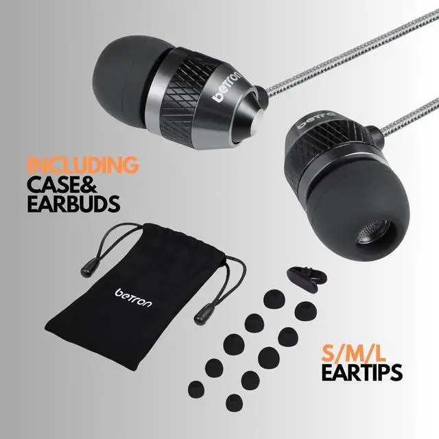 Alt view image 2 of 7 - Betron B25 Earphones, Noise Isolating in-Ear Wired Headphones with Strong Bass, Tangle-Free Cord, Lightweight, Carry Case and Soft Earbud Tips, Black