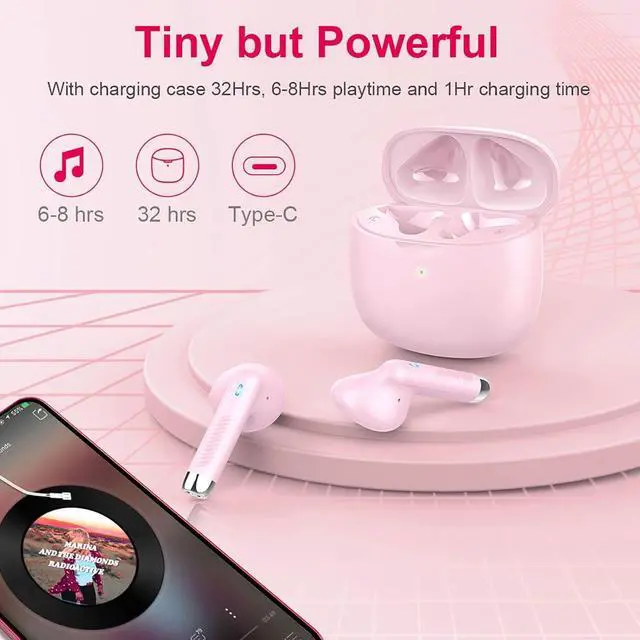 Alt view image 7 of 7 - Wireless Earbuds, Bluetooth 5.4 Earbuds Stereo Bass, Bluetooth Headphones in Ear Noise Cancelling Mic, Wireless Earphones IP7 Waterproof Sports, 32H Playtime Mini USB C Charging Ear Buds Light Pink