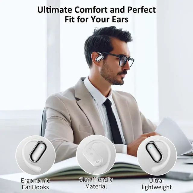 Alt view image 2 of 6 - JIECAN Open Ear Headphones Bluetooth V5.3 Wireless Earbuds with Earhooks with Digital Display Charging Case, Conduction Headphones with Mic Waterproof Sport Earbuds for Running (White)