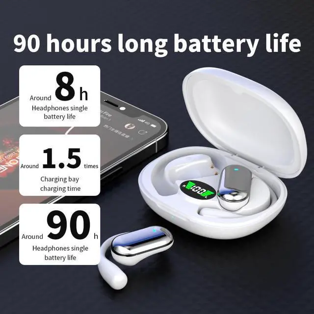 Alt view image 3 of 6 - JIECAN Open Ear Headphones Bluetooth V5.3 Wireless Earbuds with Earhooks with Digital Display Charging Case, Conduction Headphones with Mic Waterproof Sport Earbuds for Running (White)