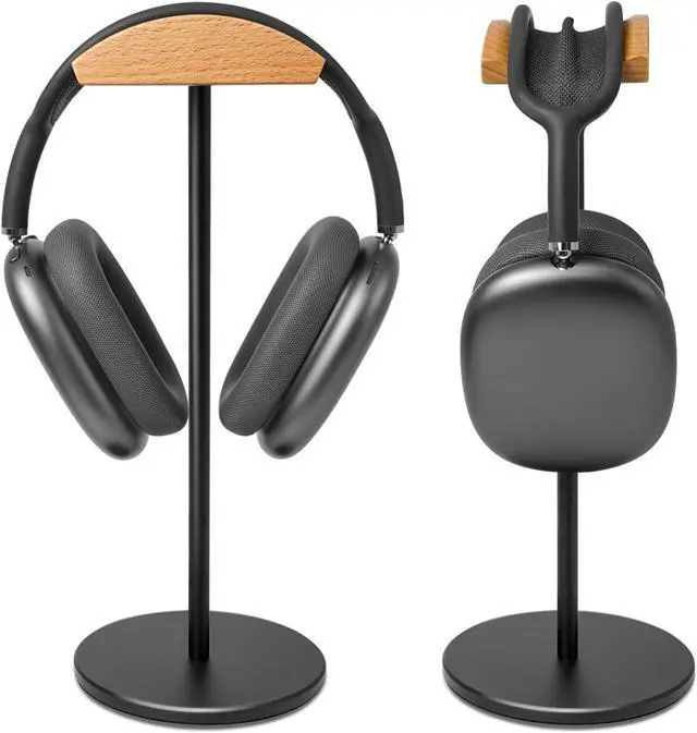 Alt view image 2 of 7 - Headphone Stand for Desk - Gaming Headset Stand with Wooden Support Plate, Headset Holder with Aluminum Alloy Support Rod