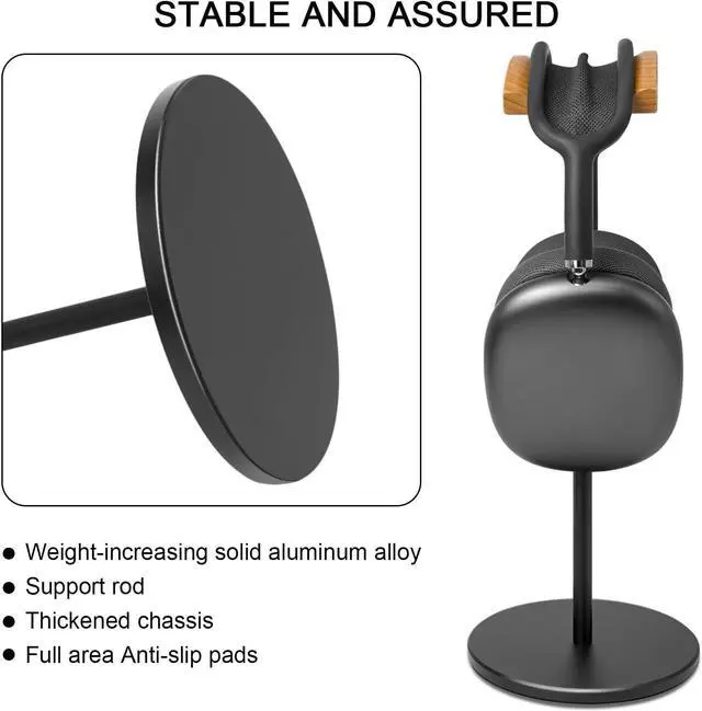Alt view image 5 of 7 - Headphone Stand for Desk - Gaming Headset Stand with Wooden Support Plate, Headset Holder with Aluminum Alloy Support Rod