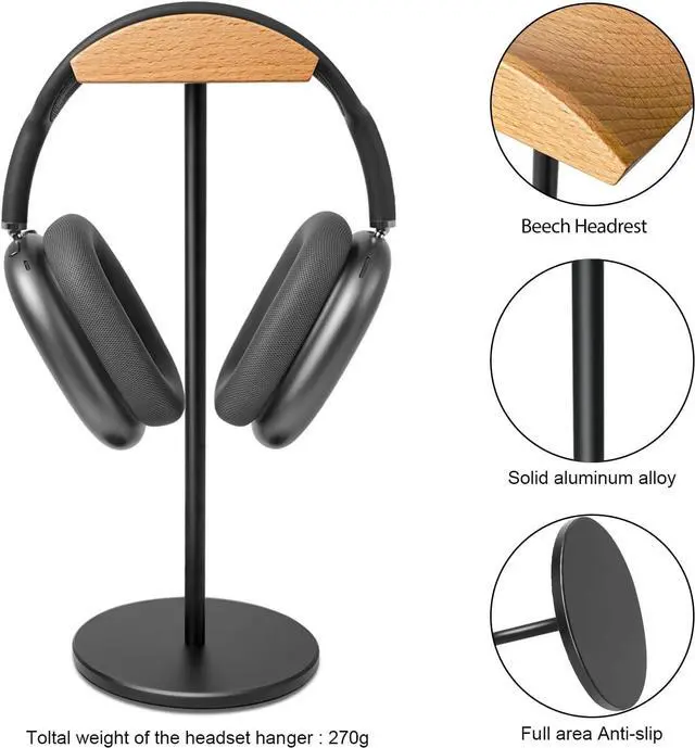 Alt view image 3 of 7 - Headphone Stand for Desk - Gaming Headset Stand with Wooden Support Plate, Headset Holder with Aluminum Alloy Support Rod
