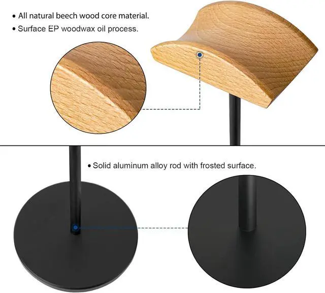 Alt view image 4 of 7 - Headphone Stand for Desk - Gaming Headset Stand with Wooden Support Plate, Headset Holder with Aluminum Alloy Support Rod