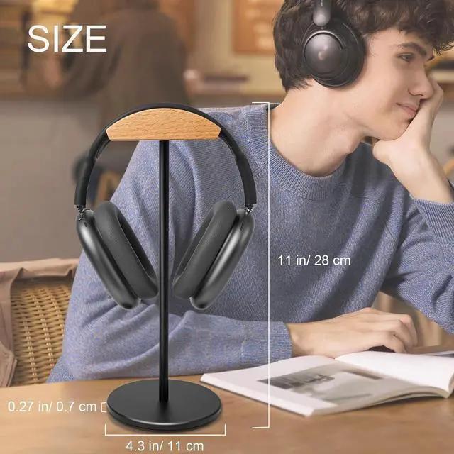 Alt view image 6 of 7 - Headphone Stand for Desk - Gaming Headset Stand with Wooden Support Plate, Headset Holder with Aluminum Alloy Support Rod